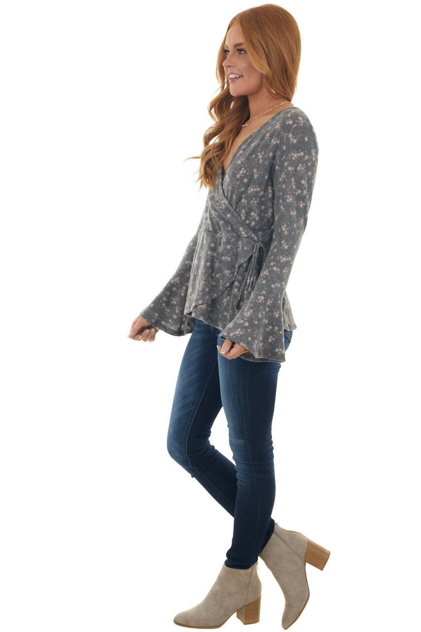 Stone Grey Ditsy Floral Surplice Soft Knit Top
