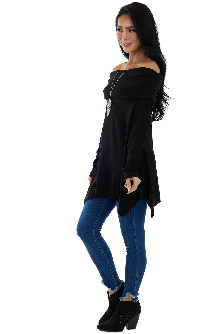 Black Thermal Knit Folded Off Shoulder Top 