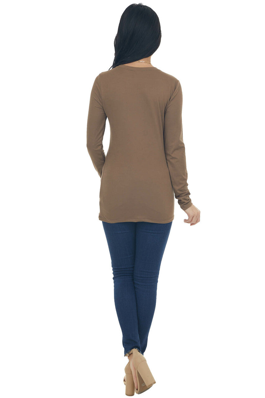 Coffee Solid Soft Knit Top with Long Sleeves
