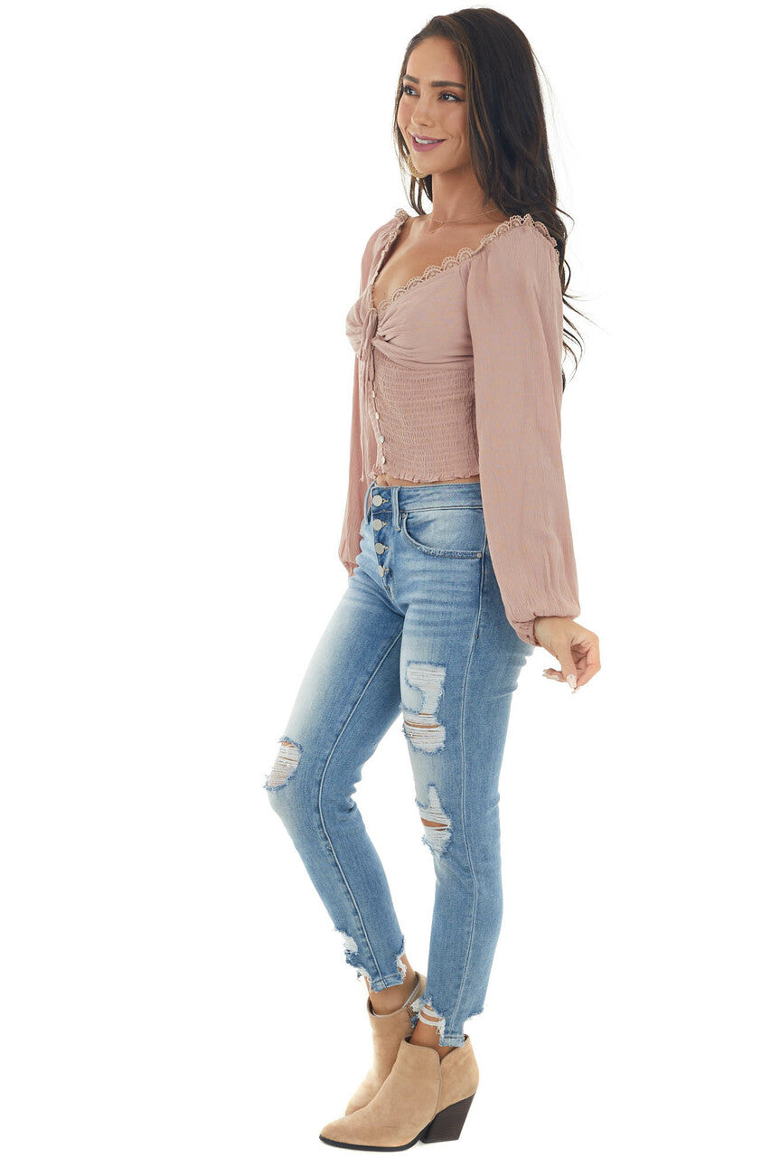 Vintage Rose Long Sleeve Smocked Crop Top with Lace Detail