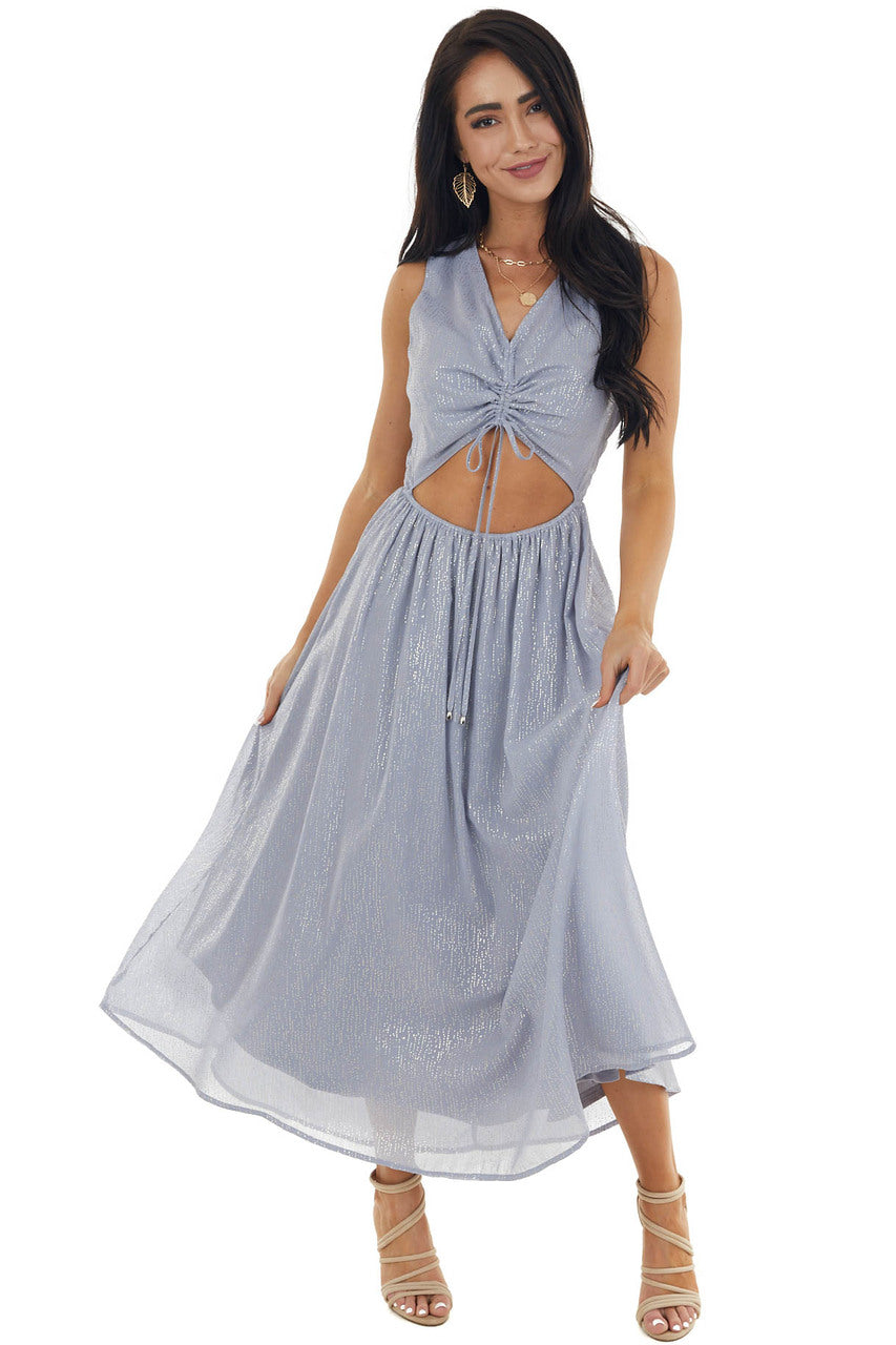 Dusty Blue Glitter Sleeveless Midi Woven Dress with Cut Out