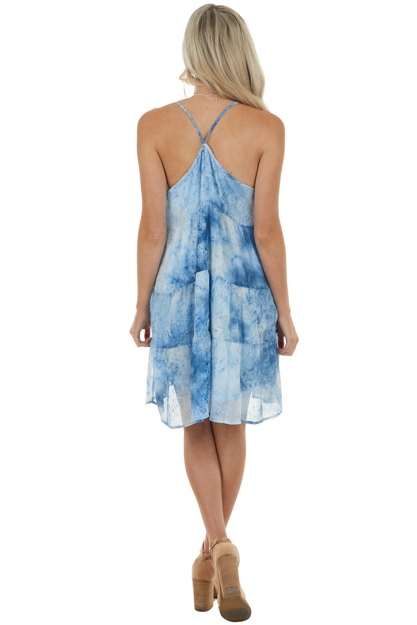Blue Tie Dye Swiss Dot Short Dress with Straps