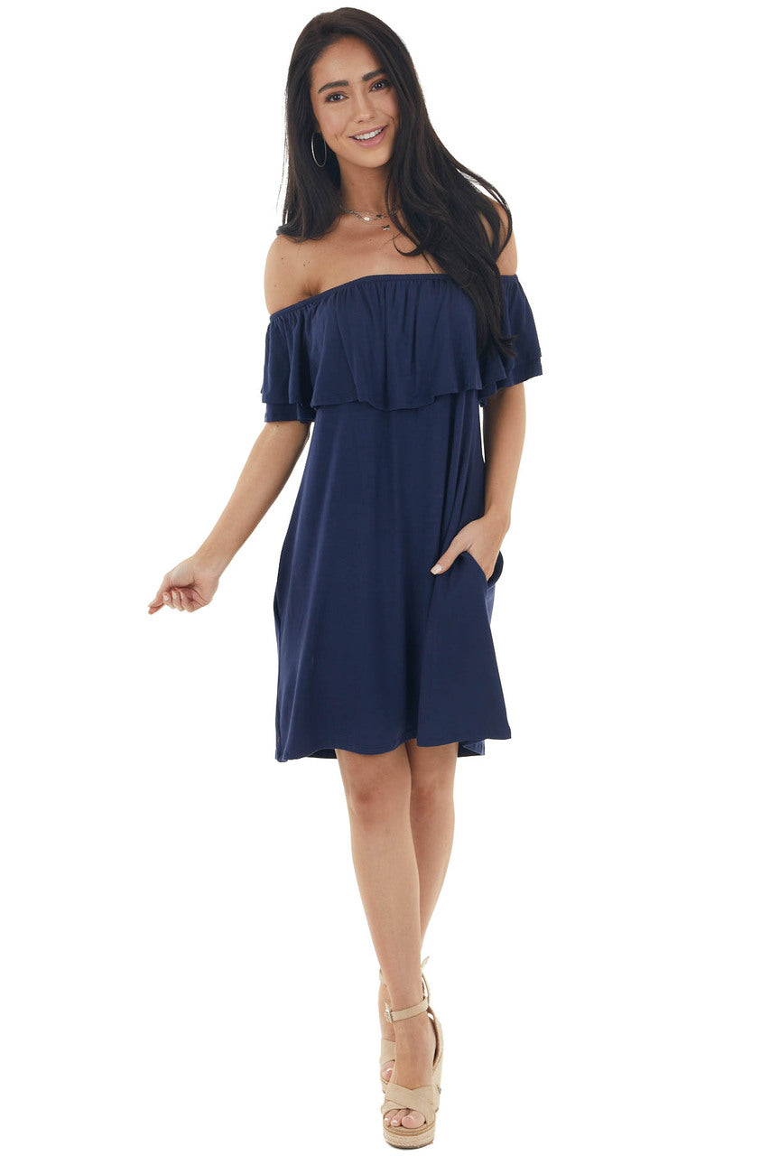 Navy Off the Shoulder Mini Dress with Ruffle Overlay