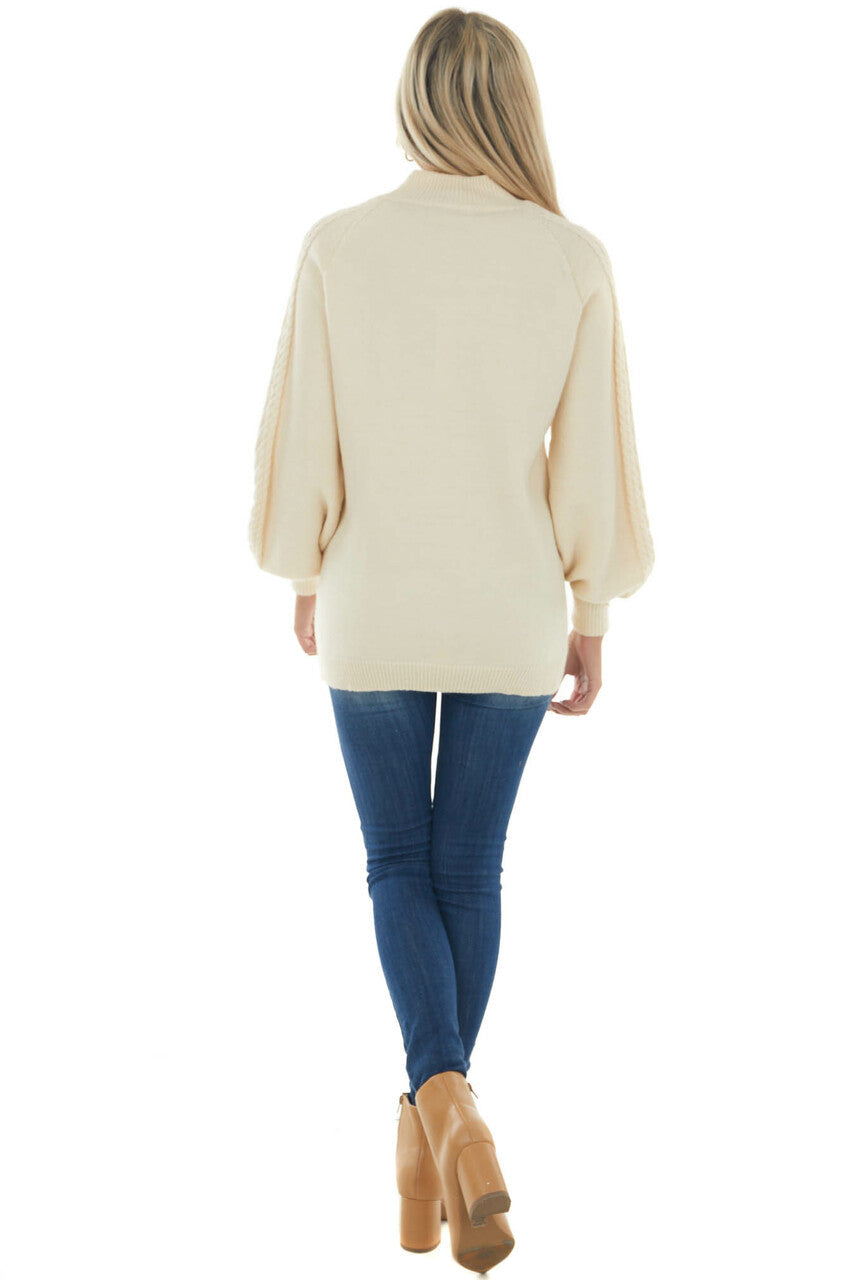 Cream Long Puff Sleeve Cable Knit Sweater