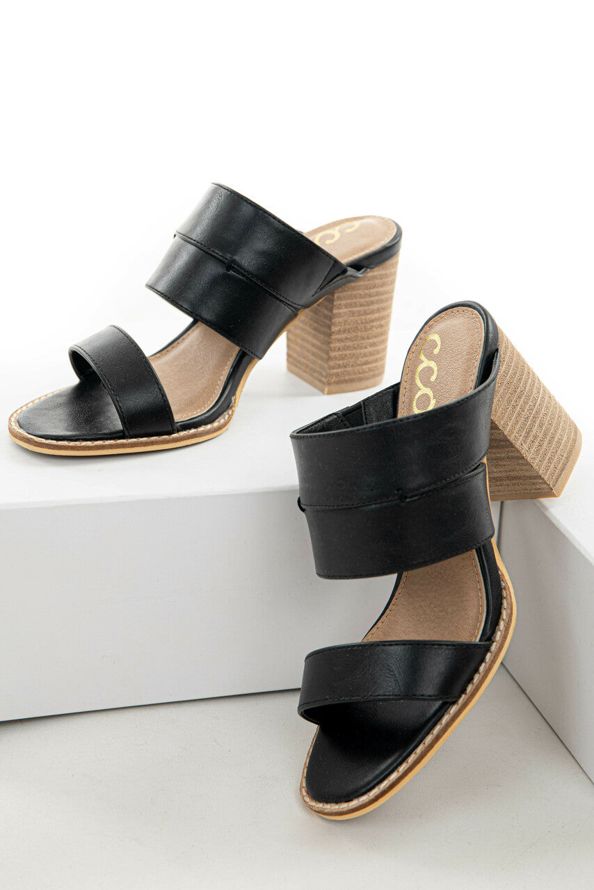Black Faux Leather Open Toe Heeled Mules