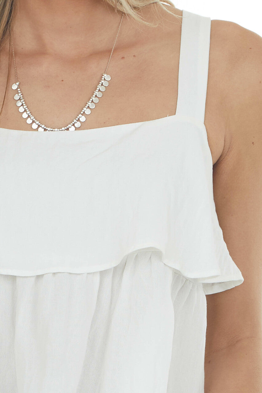 Off White Woven Tank Top with Ruffle Details