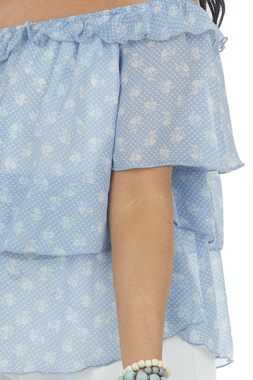 Cornflower Blue Printed Off Shoulder Woven Top