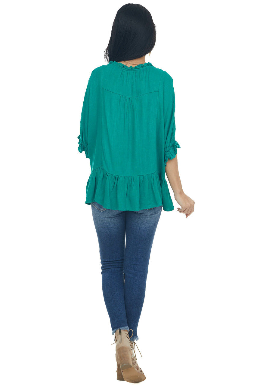 Kelly Green Textured Blouse with Ruffle Details and Neck Tie 