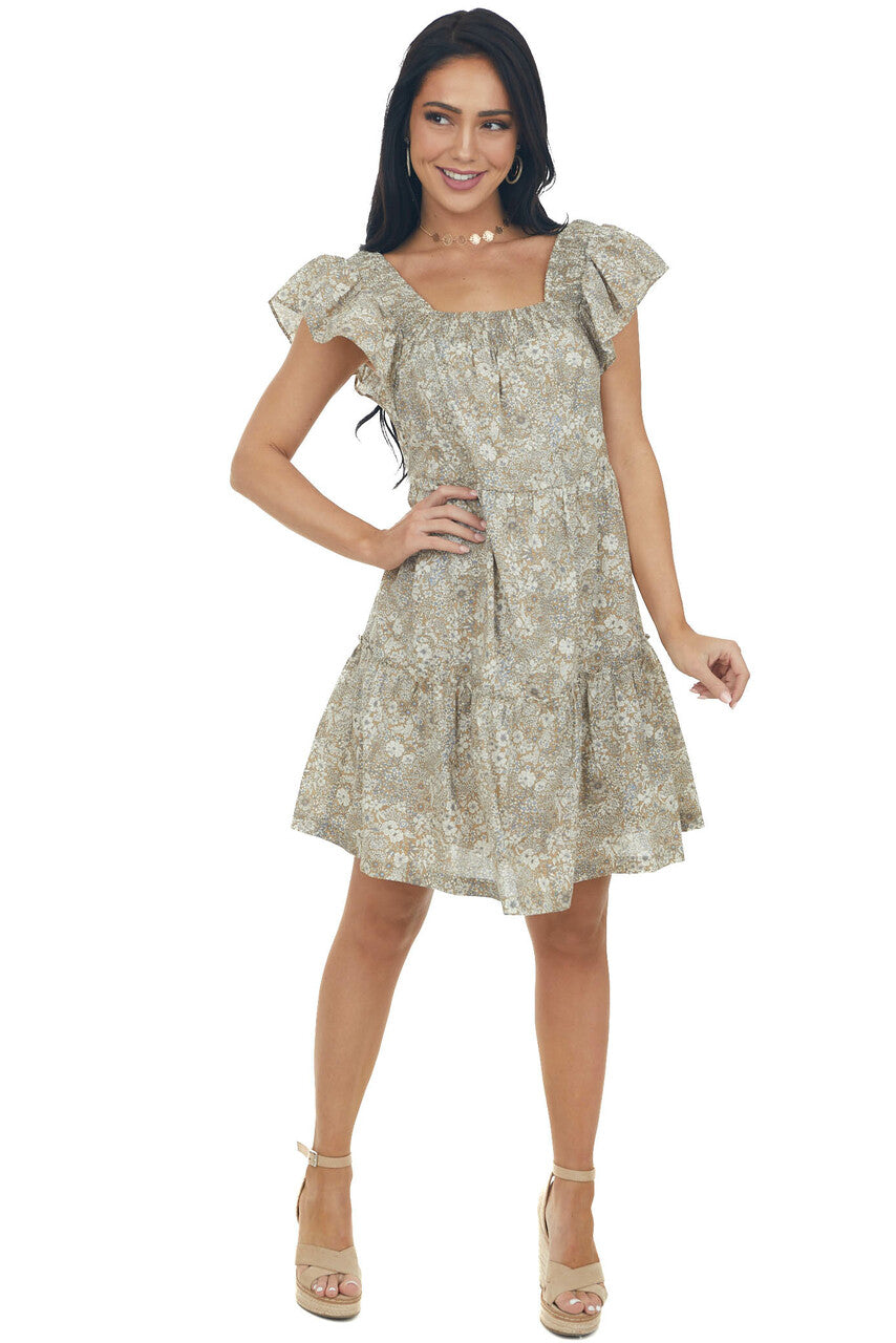Peanut Floral Square Neck Tiered A Line Dress