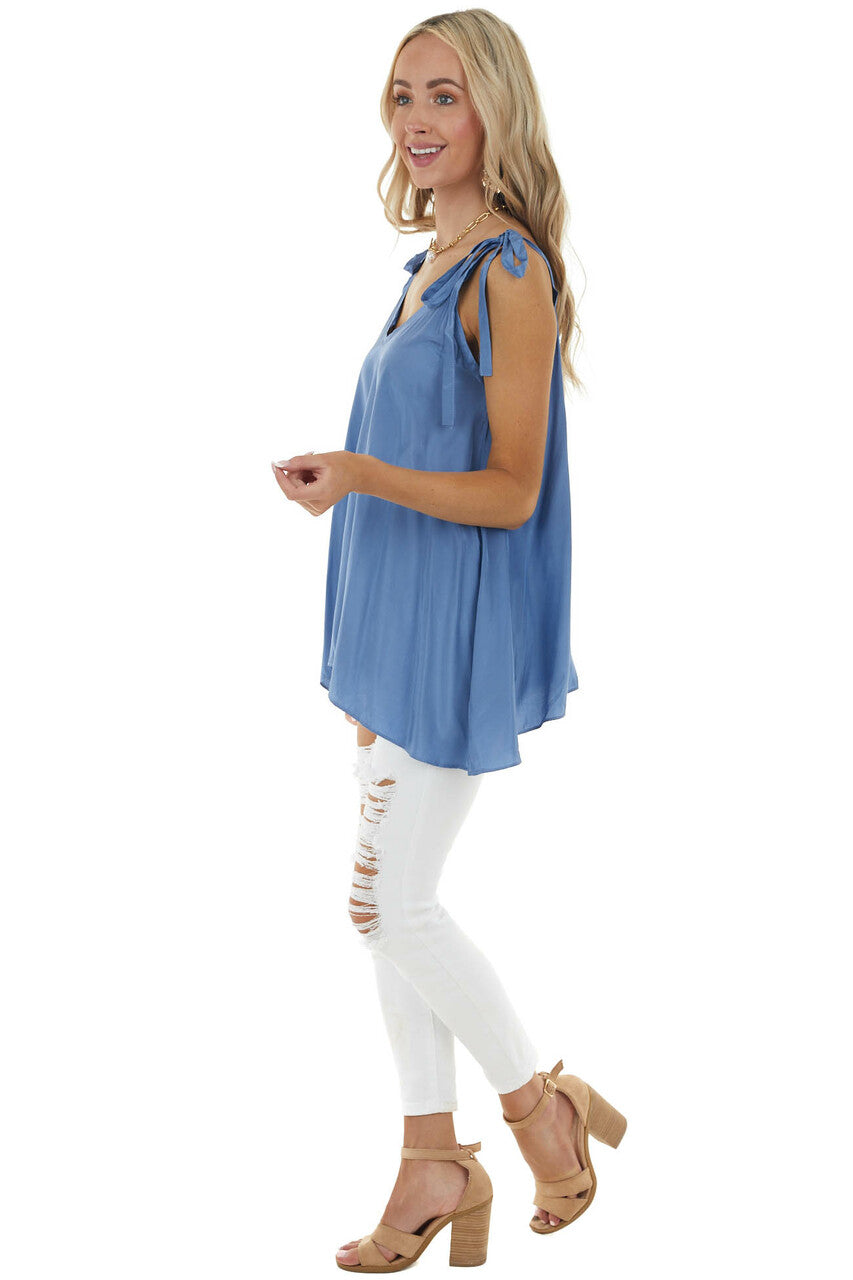  Dusty Blue Sleeveless Woven Satin Blouse with Tie Straps