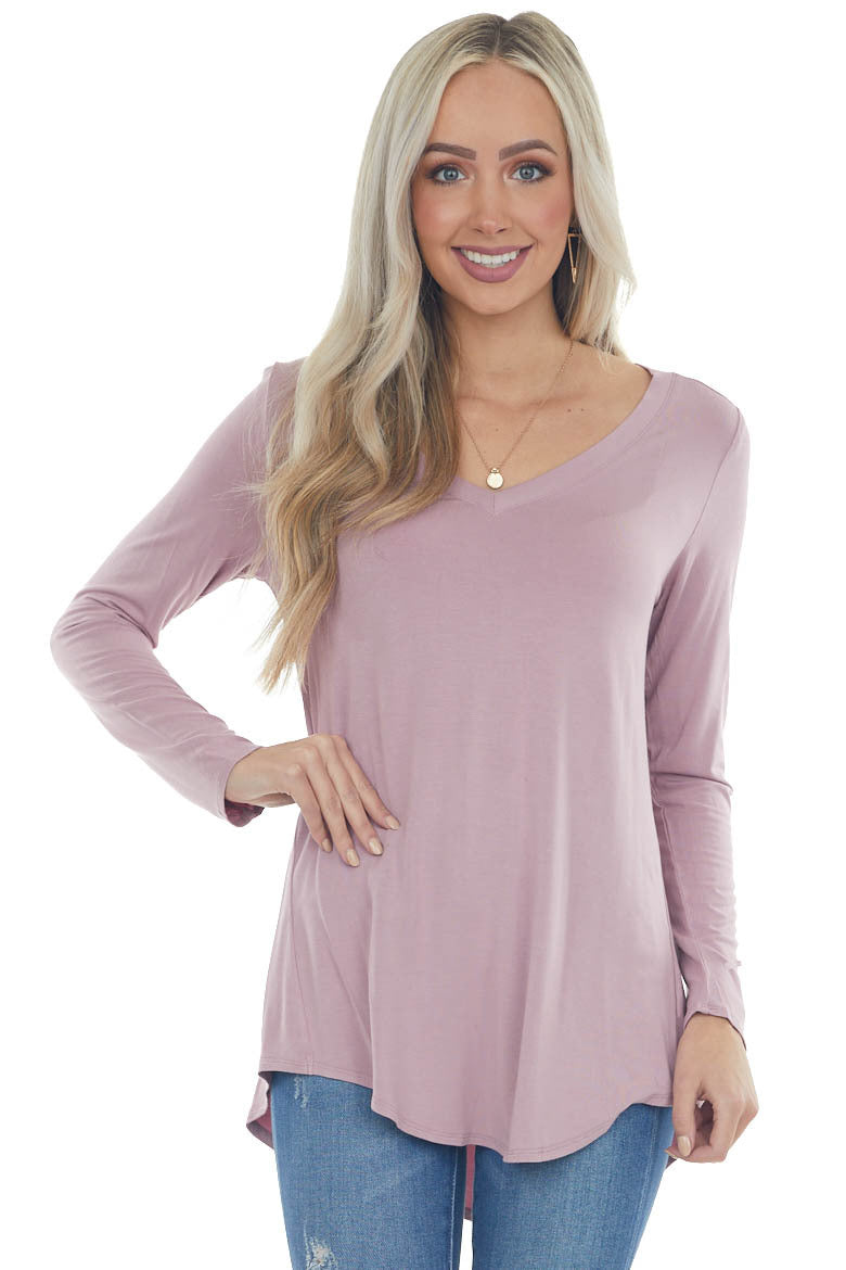 Mauve Rounded Hem V Neck Soft Knit Top 