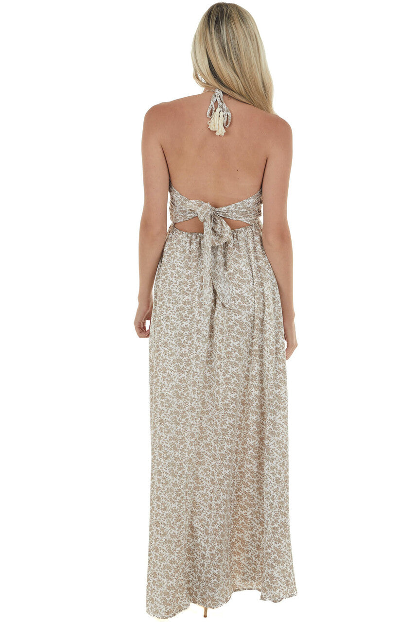 Vanilla Ditsy Floral Halter Tie Maxi Dress