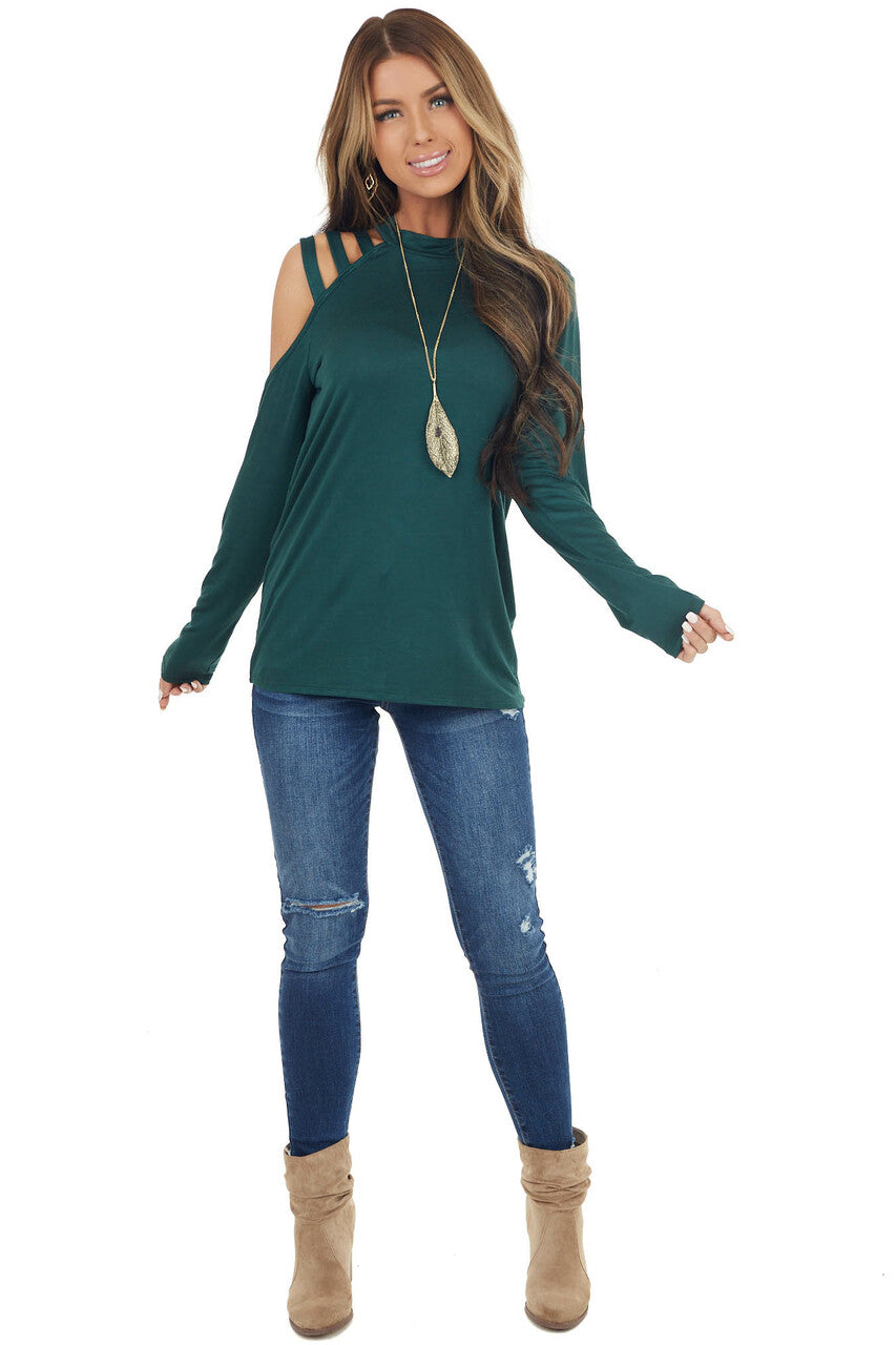 Dark Pine Long Sleeve Knit Top with One Caged Cold Shoulder 