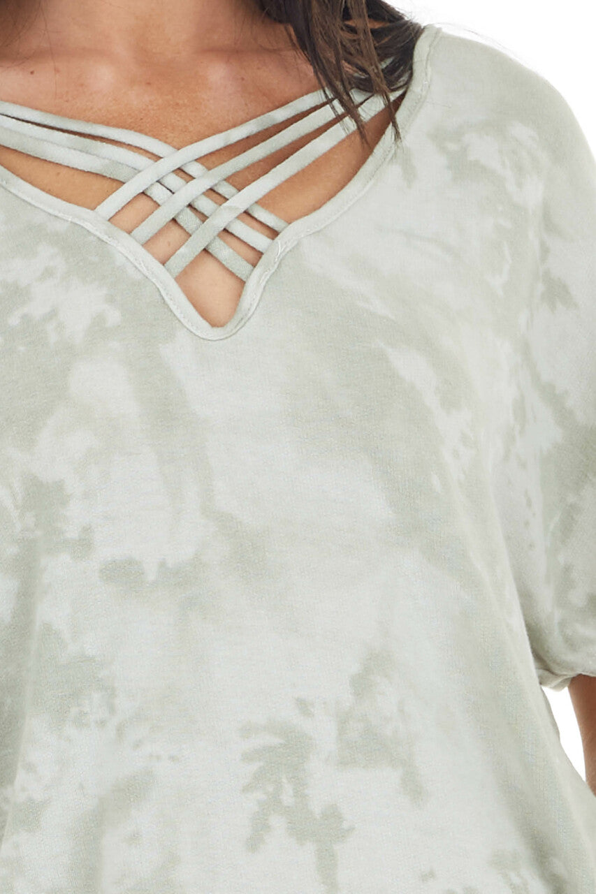 Sage Tie Dye Knit Top with Criss Cross V Neckline
