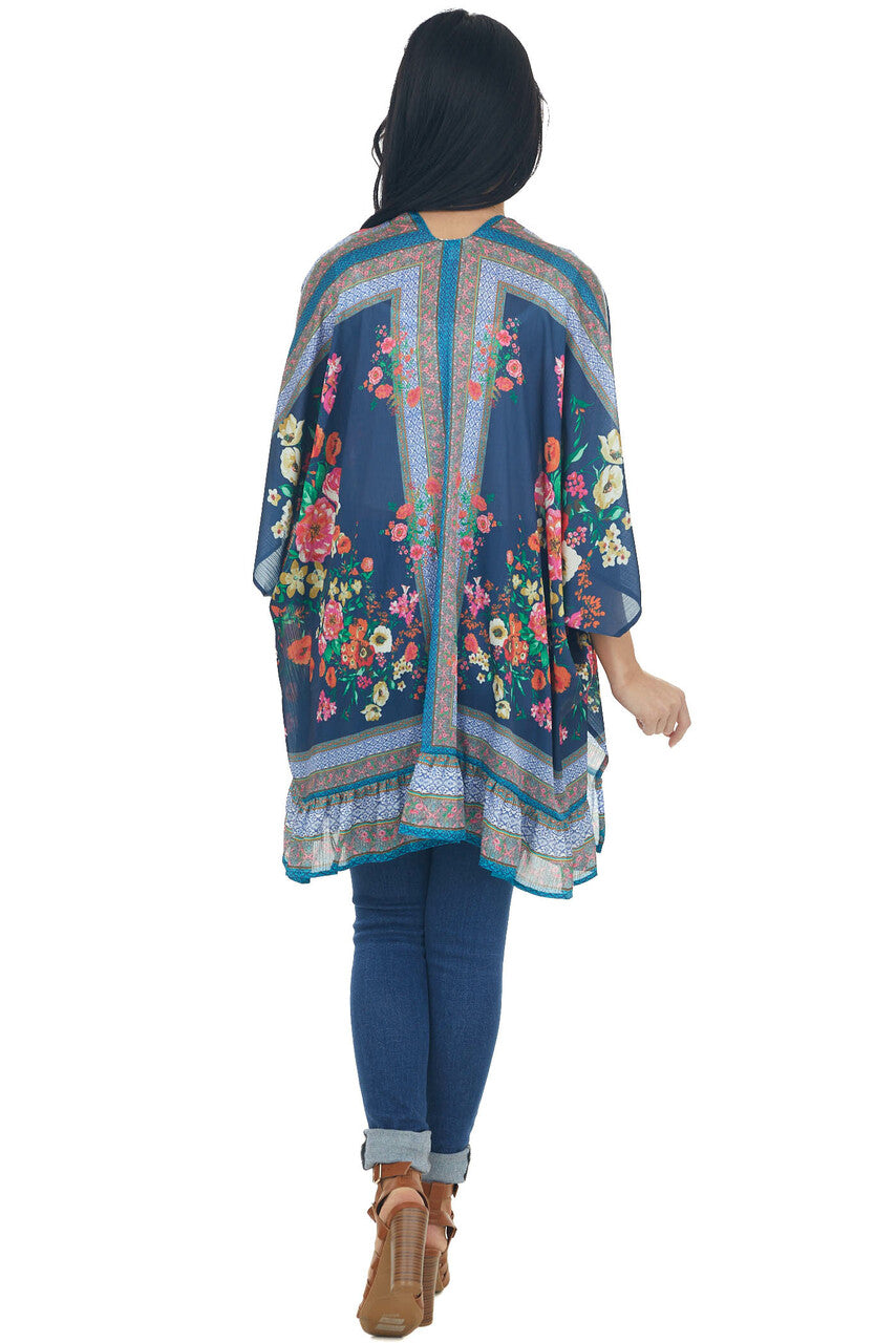 Navy Floral Short Sleeve Open Front Kimono