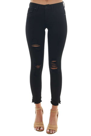 Black Distressed Mid Rise Skinny Jeans with Frayed Hem 