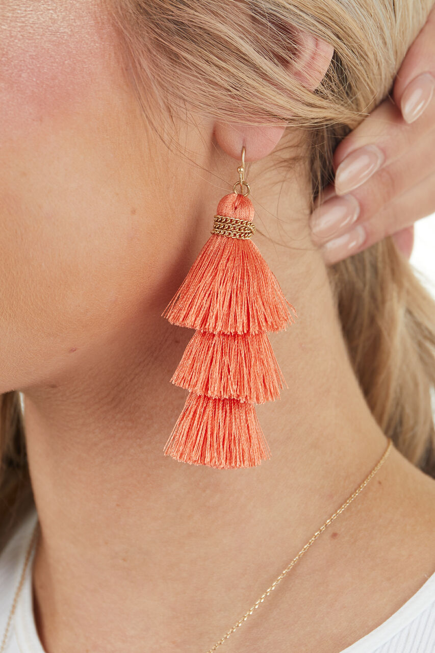 Coral Three Tier Tassel Dangle Hook Earrings