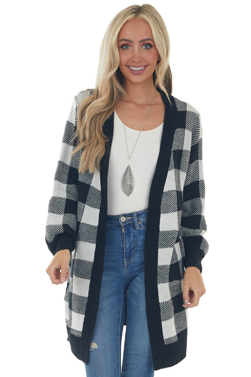 Off White Buffalo Plaid Puff Sleeve Cardigan
