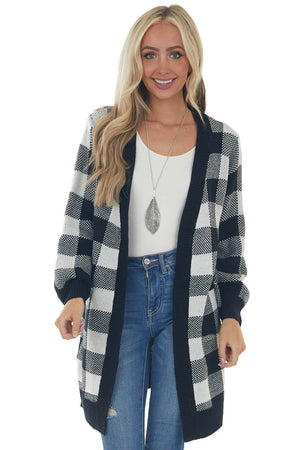 Off White Buffalo Plaid Puff Sleeve Cardigan