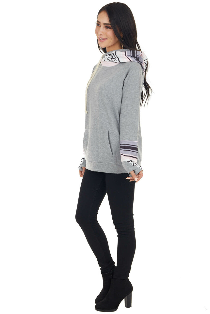 Heathered Stone Double Hooded Hoodie with Aztec Details