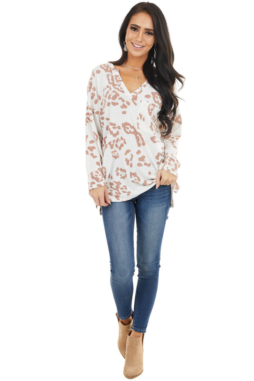 Ivory Leopard Print Long Sleeve Top with Front Pocket