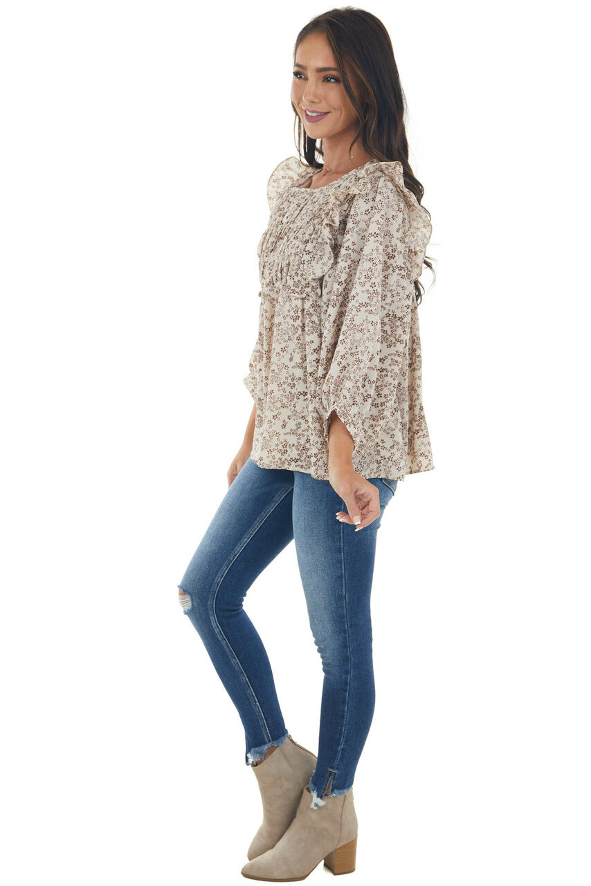 Oatmeal and Sepia Ditsy Floral Print Blouse