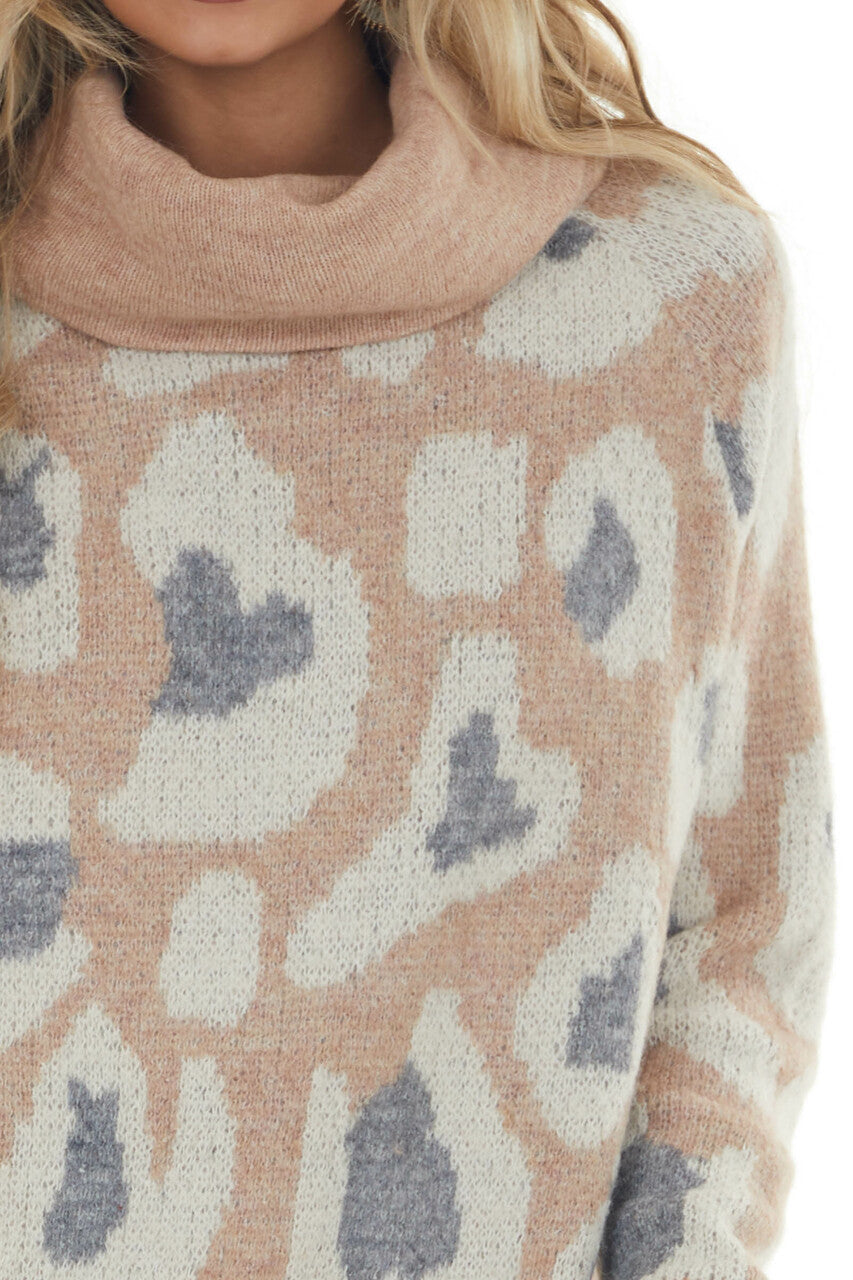 Apricot Leopard Print Turtleneck Sweater