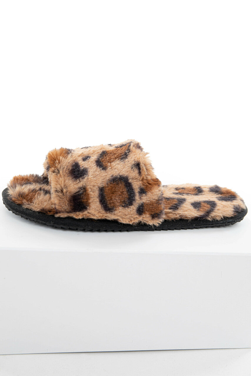 Leopard Print Fuzzy Faux Fur Slipper with Foam Sole 
