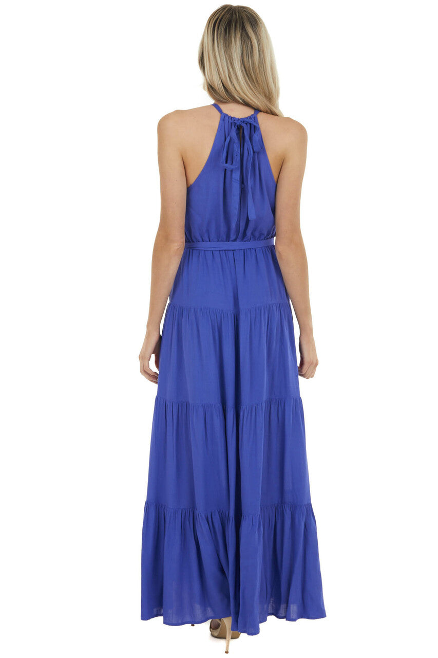 Indigo Halter Neck Tiered Maxi Dress with Tie Detail 