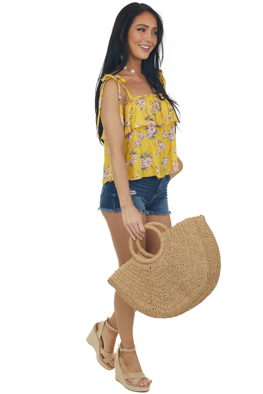 Marigold Floral Print Shoulder Tie Strap Tank