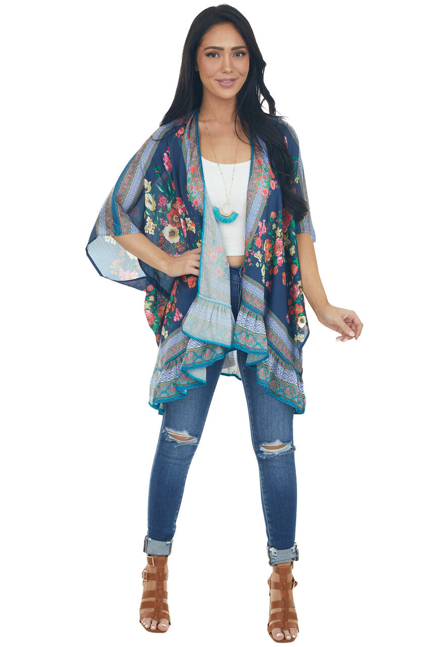 Navy Floral Short Sleeve Open Front Kimono