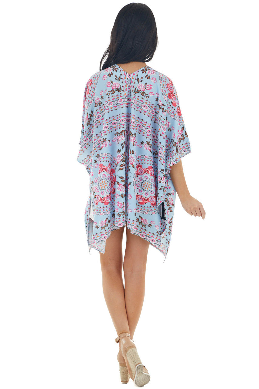 Sky Blue and Deep Coral Abstract Floral Print Woven Kimono