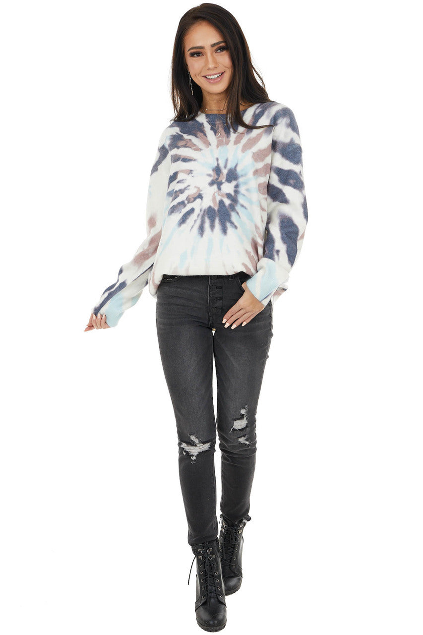Off White Tie Dye Fuzzy Knit Long Sleeve Lightweight Sweater