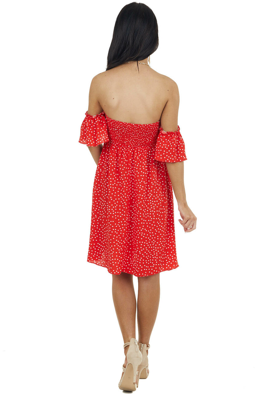 Lipstick Red Polka Dot Off the Shoulder Dress with Ruching