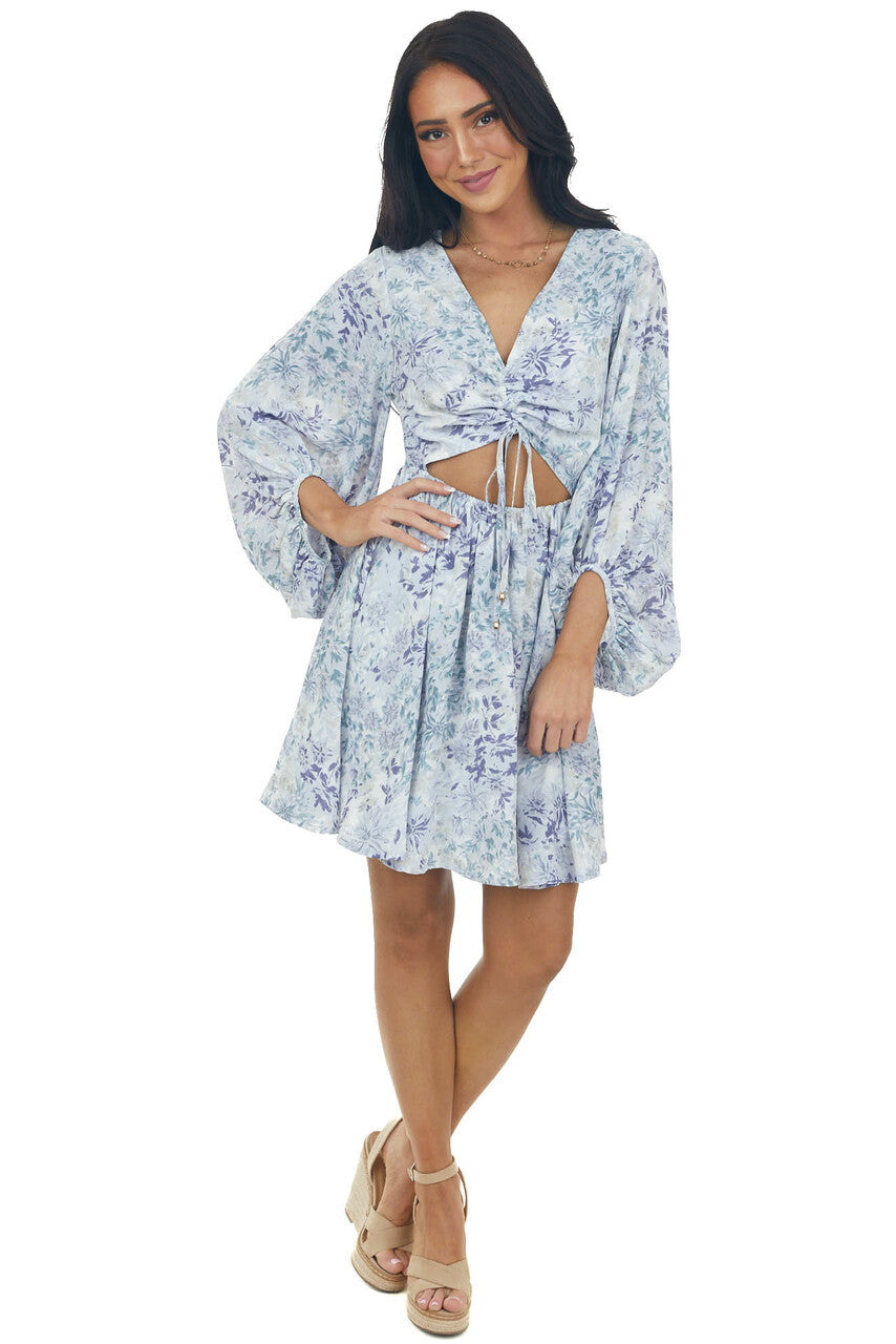 Powder Blue Floral Cut Out Short Dress