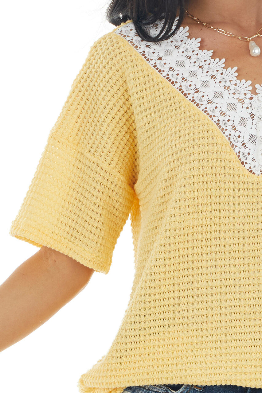 Amber Waffle Knit V Neck Short Sleeve Top with Lace Detail 