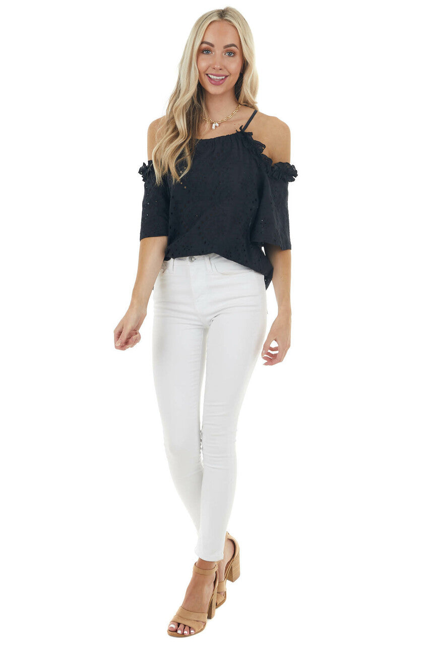 Black Eyelet Lace Cold Shoulder Halter Neckline Blouse 