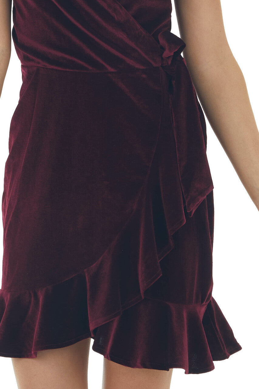 Wine Surplice Wrap Tie Velvet Mini Dress