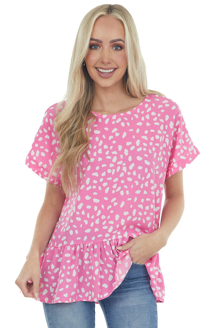 Magenta Spotted Print Drop Waist Blouse