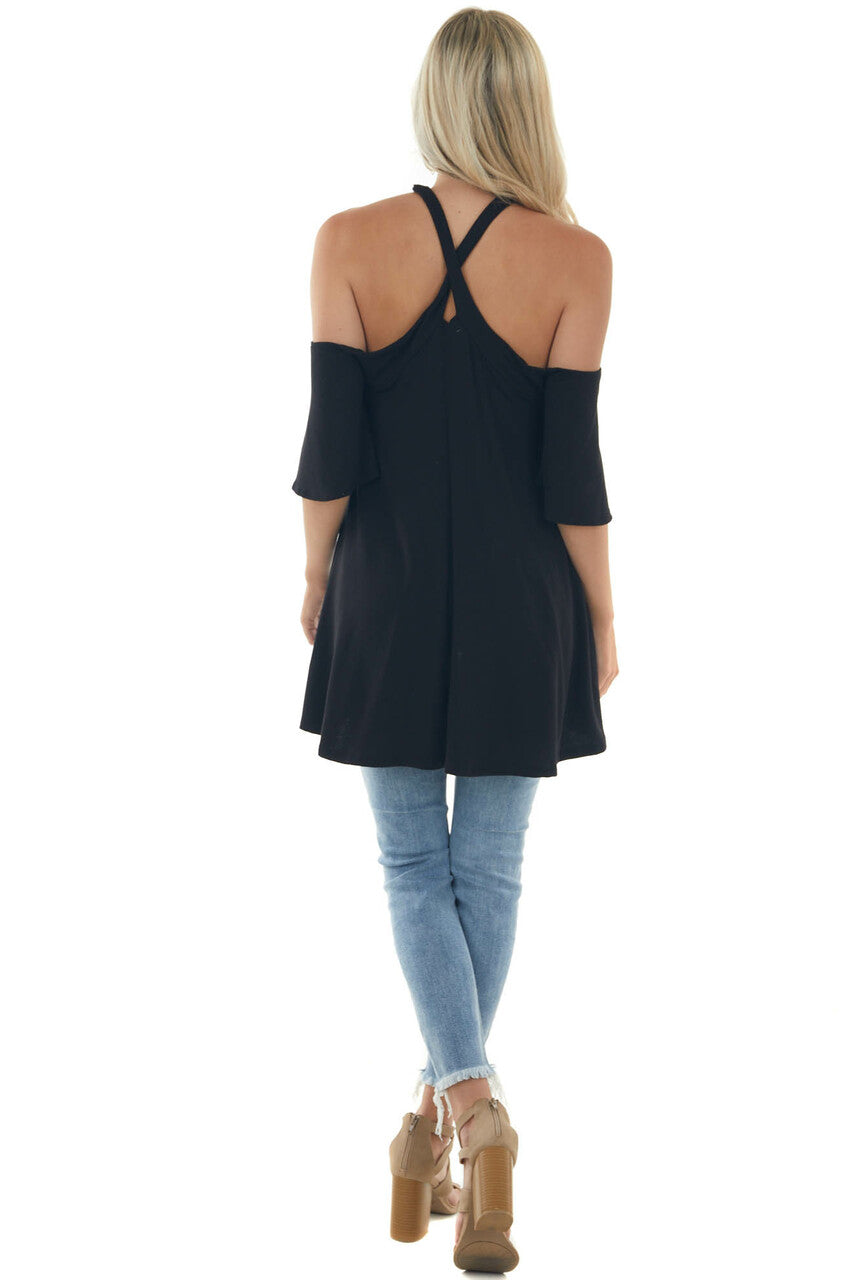 Black Flutter Sleeve Cold Shoulder Halter Top
