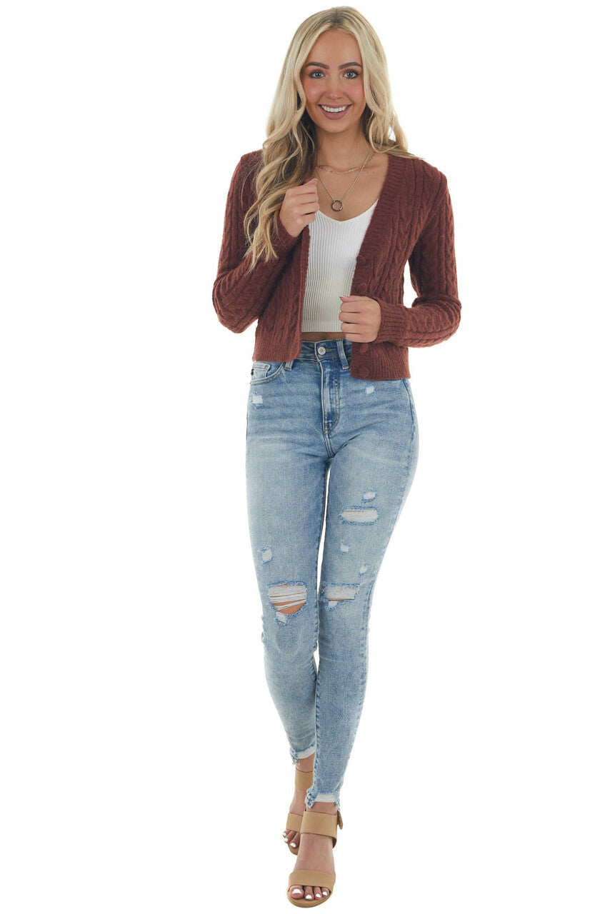 Sangria Button Up Fuzzy Cable Knit Cardigan