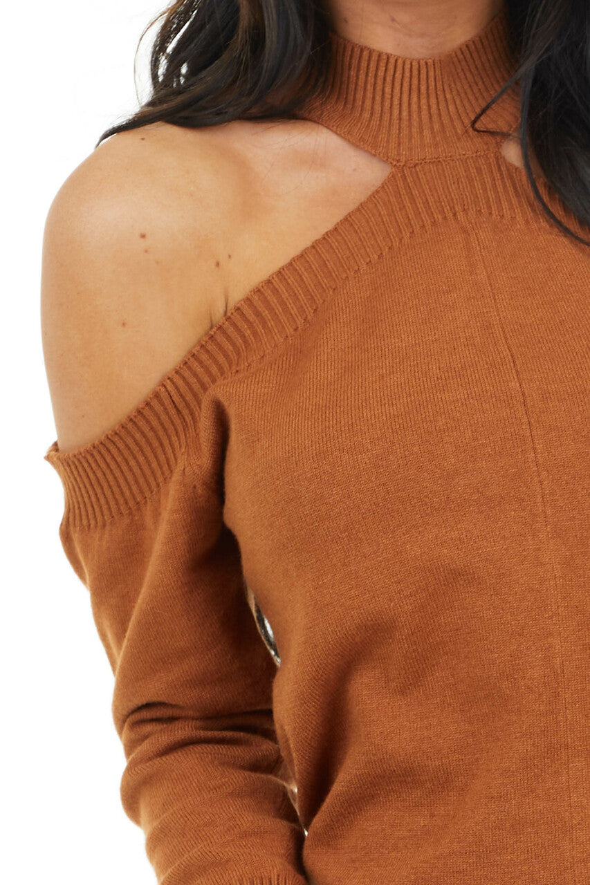 Cognac Mock Neck Soft Stretchy Knit Top with Cold Shoulders 