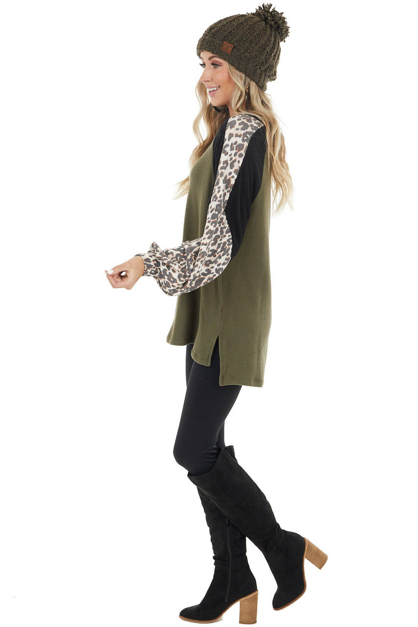 Olive Leopard Print Colorblock Long Sleeve Loose Fit Top