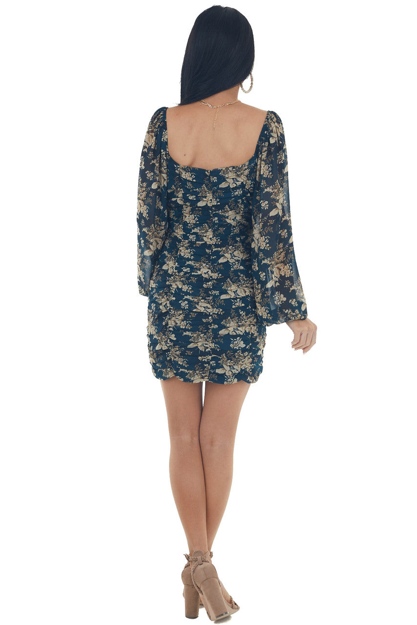 Dark Pine Floral Print Ruched Short Dress 