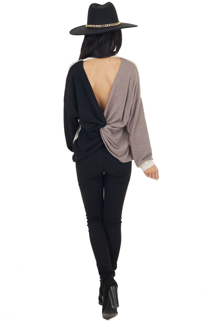 Blush Black and Taupe Colorblock Top with Back Twist Detail 
