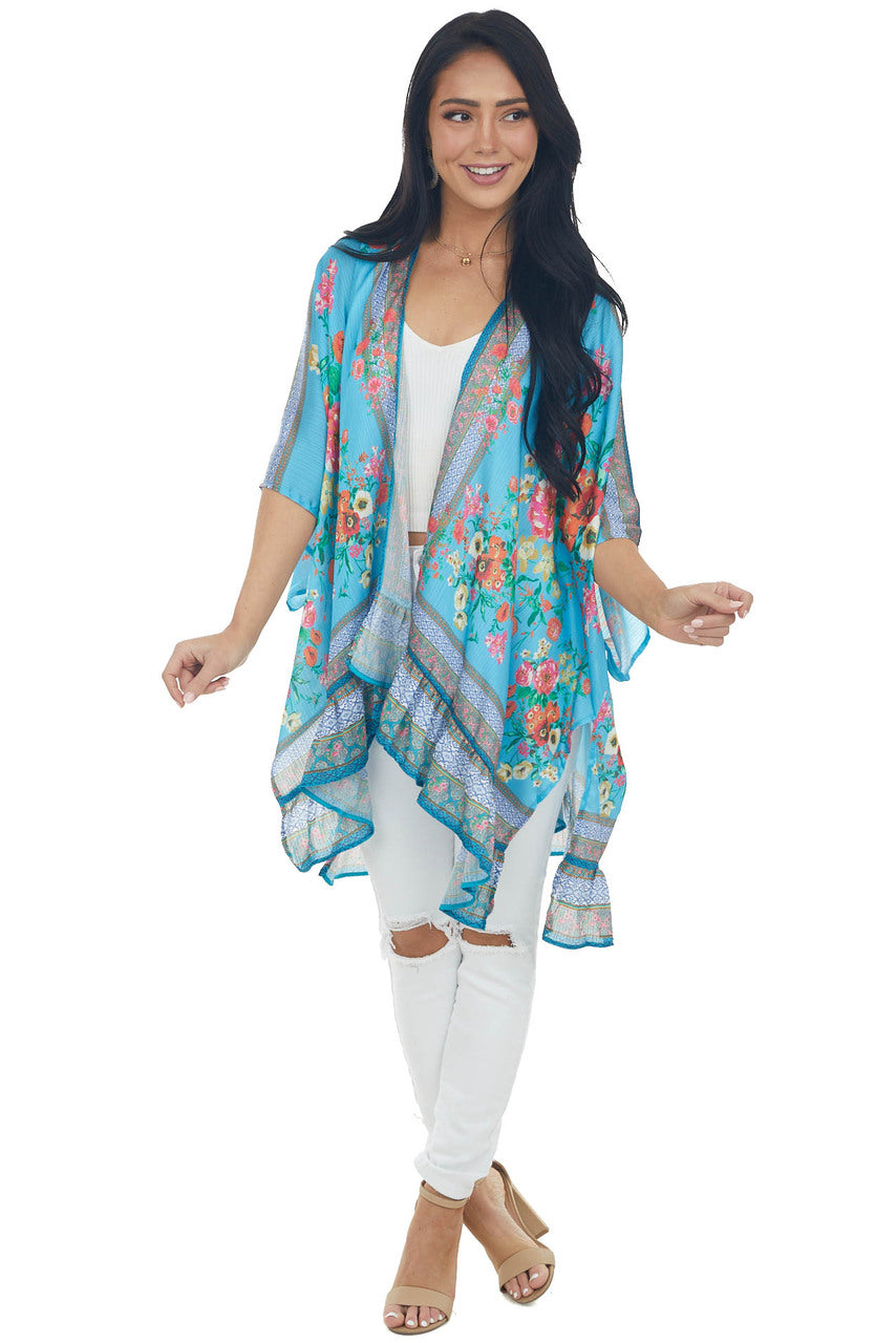 Ocean Floral Short Sleeve Open Front Kimono