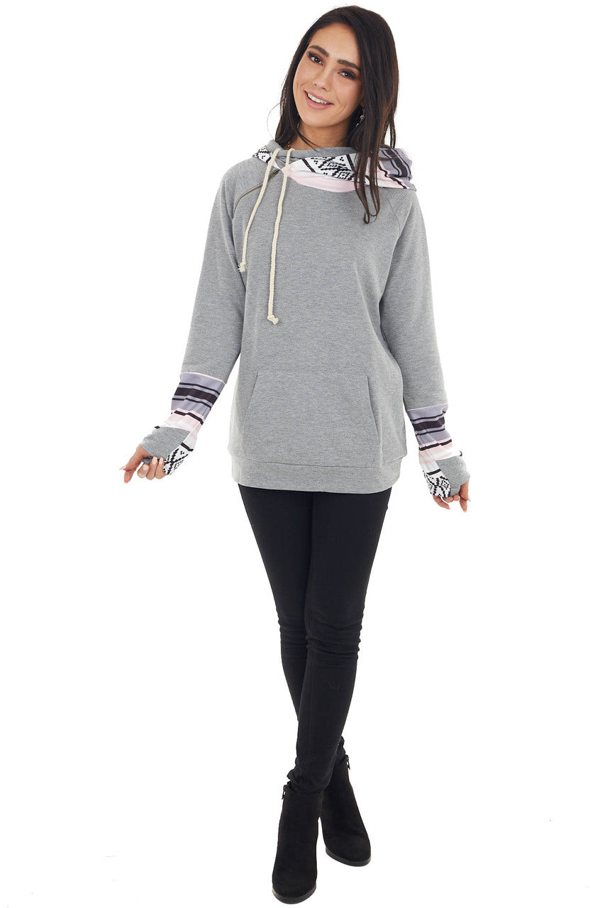 Heathered Stone Double Hooded Hoodie with Aztec Details