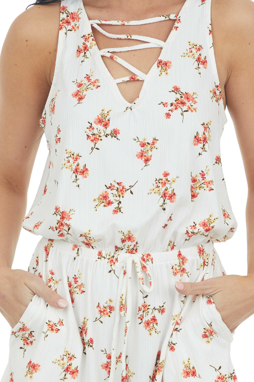 Vanilla Floral Print Criss Cross V Neck Romper