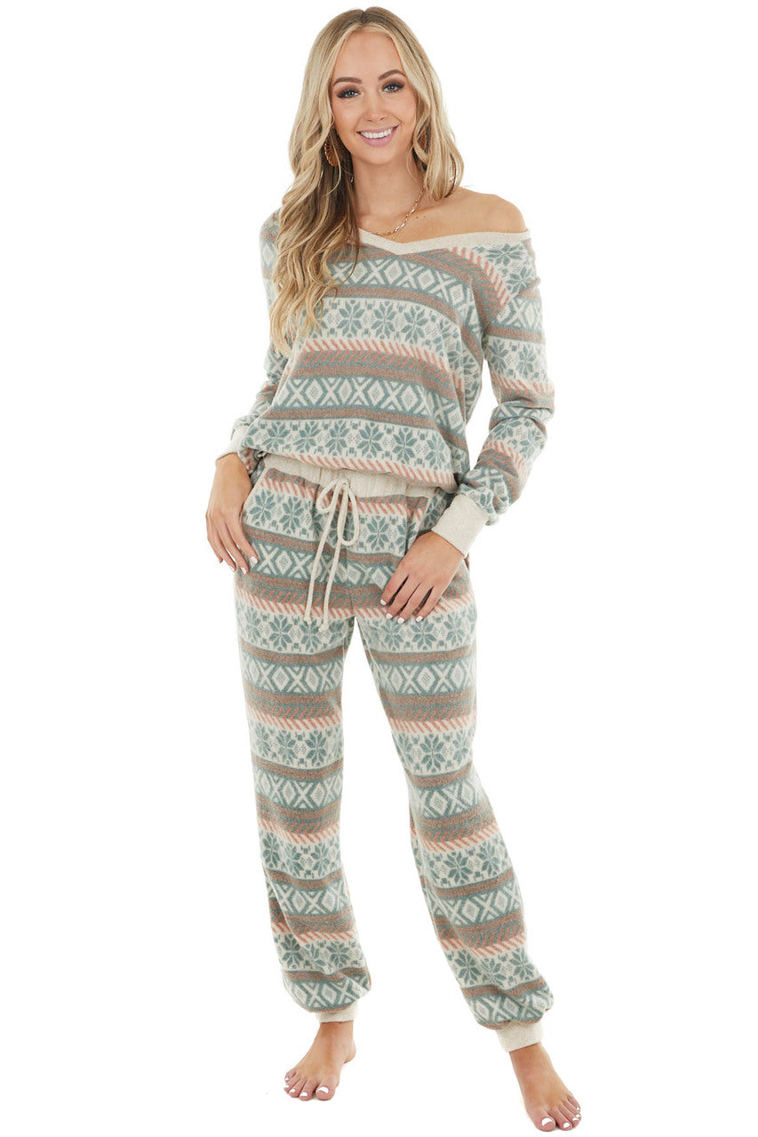 Faded Pine Green Long Sleeve Fleece Fair Isle Knit Top