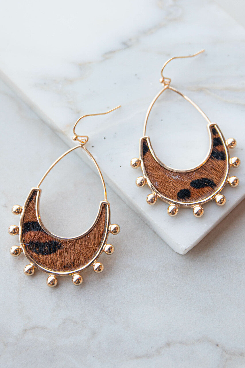 Cognac Leopard Faux Fur Teardrop Earrings
